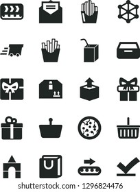 Solid Black Vector Icon Set - grocery basket vector, packing of juice with a straw, box bricks, received letter, drawer, bag handles, cardboard, gift, unpacking, pizza, French fries, conveyor