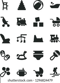 Solid Black Vector Icon Set - toys over the cradle vector, mug for feeding, diaper, beanbag, baby rattle, car child seat, stroller, carriage, summer, bath ball, children's bathroom, stacking toy
