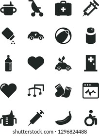 Solid Black Vector Icon Set - heart symbol vector, toys over the cot, mug for feeding, measuring cup, bottle, powder, baby, summer stroller, bath ball, warm socks, medical bag, cardiogram, banana