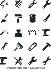 Solid Black Vector Icon Set - paint roller vector, repair key, safety pin, building trowel, small tools, adjustable wrench, cordless drill, hand saw, spatula, road fence, hammer, builder, pipes, gas