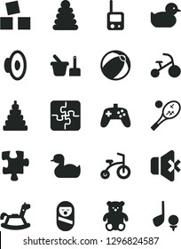 Solid Black Vector Icon Set - loudspeaker vector, rubber duck, baby duckling, bath ball, stacking rings, toy, roly poly doll, phone, sand set, small teddy bear, rocking horse, cubes for children
