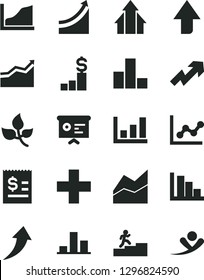 Solid Black Vector Icon Set - upward direction vector, growth up, plus, bar chart, line, graph, positive histogram, leaves, article on the dollar, financial report, carrer stairway, arrow, arrows