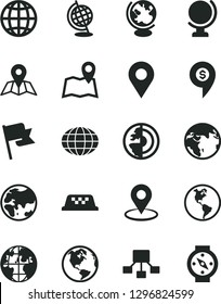 Solid Black Vector Icon Set - map vector, globe, earth, flag, planet, location, geolocation, hierarchical scheme, core, dollar pin, taxi, compass