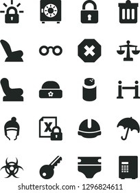 Solid Black Vector Icon Set - mark of injury vector, scales, diaper, powder, Baby chair, car child seat, winter hat, warm, construction helmet, dust bin, lock, umbrella, strongbox, encrypting, key