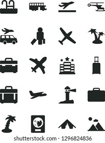 Solid Black Vector Icon Set - suitcase vector, case, coastal lighthouse, helicopter, plane, bus, passenger, rolling, passport, departure, tent, palm tree, pool, hotel, transfer, mountains