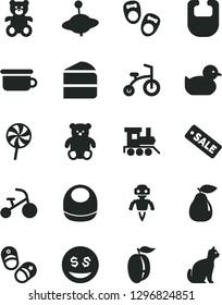 Solid Black Vector Icon Set - bib vector, baby, duckling, children's potty, teddy bear, small, toy train, yule, child bicycle, tricycle, shoes for little children, piece of cake, lollipop, pear