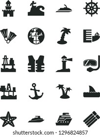Solid Black Vector Icon Set - anchor vector, sea port, commercial seaport, coastal lighthouse, planet, sand castle, hotel, palm tree, starfish, flippers, diving mask, surfing, handwheel, life vest