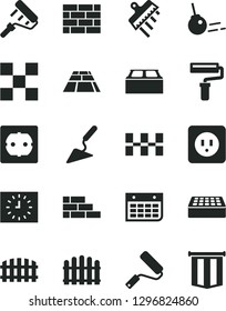 Solid Black Vector Icon Set - paint roller vector, brickwork, brick wall, building trowel, new, power socket type b, f, tile, ceramic tiles, block, spatula, fence, hedge, paving slab, core, calendar