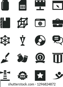 Solid Black Vector Icon Set - warm socks vector, building trowel, notebook, SIM card, jar, lighthouse, billboard with illumination, portfolio, ring diagram, sale, browser, 3d cube, pennant, star