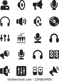 Solid Black Vector Icon Set - desktop microphone vector, loudspeaker, silent mode, drumroll, headphones, CD, regulator, volume, no sound, operator, megaphone, pc speaker, settings