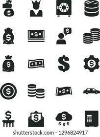 Solid Black Vector Icon Set - dollar vector, strongbox, coins, column of, dollars, cash, money bag hand, rain, coin, gear, king, limousine, mail, dialog, safe