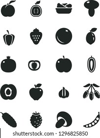 Solid Black Vector Icon Set - mushroom vector, porcini, lettuce in a plate, cucumber, strawberry, orange, ripe peach, apple, half apricot, pomegranate, red, tasty raspberry, goji berry, sour lime