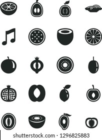 Solid Black Vector Icon Set - music vector, slices of onion, half pomegranate, medlar, mango, peach, melon, tangerine, loquat, cherry, passion fruit, kiwi, sour lime, orange, guawa, coconut, tomato