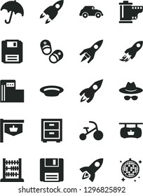Solid Black Vector Icon Set - hat with glasses vector, camera roll, bedside table, tricycle, child shoes, abacus, umbrella, plate, modern gas station, retro car, vintage sign, rocket, space, floppy