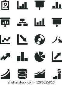 Solid Black Vector Icon Set - growth up vector, bar chart, graph, negative, histogram, big data, flowchart, a crisis, statistical overview, ring diagram, pie charts, presentation, board, arrow