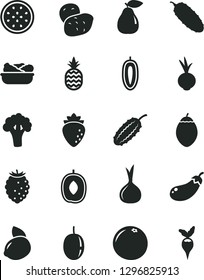 Solid Black Vector Icon Set - lettuce in a plate vector, cucumber, beet, pineapple, pear, raspberry, tasty, delicious plum, passion fruit, sweet date, yellow lemon, half of, tamarillo, grapefruit