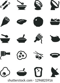 Solid Black Vector Icon Set - deep plate with a spoon vector, plates and spoons, spaghetti, noodles, bowl of buckwheat porridge, rice, lettuce in, chicken, grill leg, chop, meat on skewers, cabbage