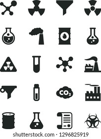 Solid Black Vector Icon Set - round flask vector, manufacture, factory, oil, barrel, industrial building, radiation, carbon dyoxide, filter, water, research article, test tube, molecule, nuclear