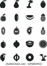 Solid Black Vector Icon Set - a pineapple vector, medlar, half of, mango, loquat, date fruit, passion, sweet, kiwi, tamarillo, guawa, piece coconut, slice, ripe guava, palm tree