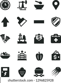 Solid Black Vector Icon Set - clock face vector, upward direction, first aid kit, minus, deep plate with a spoon, putty knife, dangers, of fruit, strawberry, Bell pepper, sea port, trolley coal