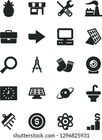 Solid Black Vector Icon Set - briefcase vector, right direction, warm socks, small tools, washbasin, spatula, kiosk, lens, ripe pineapple, factory, Measuring compasses, black clock, computer, atom