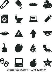 Solid Black Vector Icon Set - danger of electricity vector, laptop, upward direction, baby powder, safety pin, shoes for little children, comfortable toilet, loaf, slices onion, apricot, blueberries