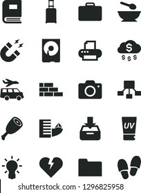 Solid Black Vector Icon Set - camera vector, deep plate with a spoon, brick wall, broken heart, put in box, chicken thigh, hierarchical scheme, hdd, printer, folder, bulb, book, magnet, money rain