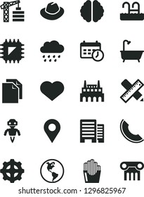 Solid Black Vector Icon Set - heart symbol vector, clean paper, hat, rainy cloud, tower crane, bath, buildings, writing accessories, fried potato slices, slice of melon, planet Earth, gear, smd