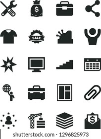 Solid Black Vector Icon Set - monitor window vector, clip, tower crane, small tools, portfolio, suitcase, pile, T shirt, connection, dollars, wall calendar, cashbox, sale, bang, stairway, hands up