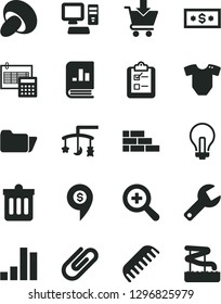 Solid Black Vector Icon Set - repair key vector, incandescent lamp, zoom, toys over the cradle, t short, comb, brick wall, calculation, dust bin, put in cart, survey, clip, porcini, bar chart, pin