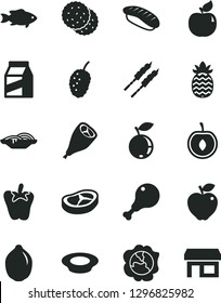 Solid Black Vector Icon Set - package vector, slices of onion, a plate milk, chicken leg, grill, bacon, barbecue, peper, japanese sushi, fish, biscuit, squash, apricot, red apple, blueberry, lime