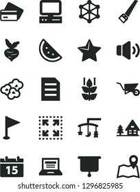 Solid Black Vector Icon Set - laptop vector, pennant, toys over the cradle, building trolley, arm saw, calendar, star, volume, size, popcorn, orange slice, mint, beet, computer, file, 3d cube, map
