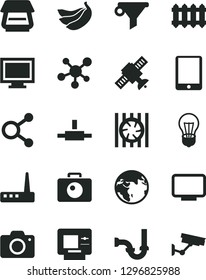 Solid Black Vector Icon Set - Monitor Window Vector, Camera, Sewerage, New Radiator, Bananas, Bulb, Water Filter, Connections, Tablet Pc, Fan, Router, Scanner, Connect, Molecule, Satellite, Earth