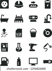 Solid Black Vector Icon Set - camera vector, monitor, feeding bottle, drill, bucket, bath, construction helmet, kitchen faucet, charging battery, gas station, flask, socket, industrial factory, SIM