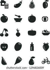 Solid Black Vector Icon Set - feeding bottle vector, deep plate with a spoon, estimate, of fruit, grill chicken leg, beet, garlic, cherry, pear, tasty apple, strawberry, ripe plum, delicious, bike
