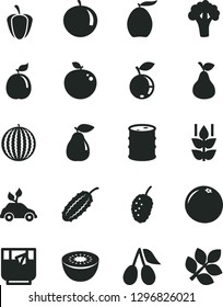 Solid Black Vector Icon Set - a glass of tea vector, pear, mint, cornels, blueberry, tasty mulberry, water melon, loquat, tangerine, kiwi, delicious apple, guava, grapefruit, ripe pepper, broccoli