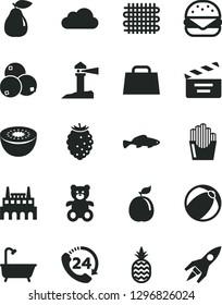 Solid Black Vector Icon Set - movie cracker vector, baby bath ball, teddy bear, 24, big burger, fried potato slices, small fish, a pineapple, pear, tasty raspberry, blueberries, kiwi, guava, weaving