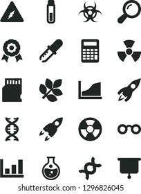 Solid Black Vector Icon Set - round flask vector, radiation hazard, rocket, sd card, test tube, electricity, glasses, nuclear, zoom, dna, biohazard, pipette, calculator, growth graph, medal, biology