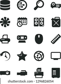 Solid Black Vector Icon Set - star vector, canister, fan, mouse, memory, monitor, web camera, printer, pc speaker, network, lan connector, projector, magnifier, big data, history, schedule clock