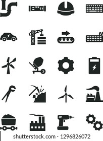 Solid Black Vector Icon Set - tower crane vector, cogwheel, concrete mixer, adjustable wrench, cordless drill, building level, construction helmet, charging battery, coal mining, windmill, factory