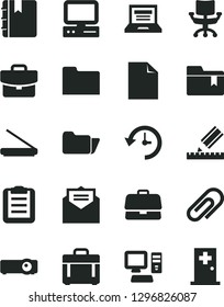 Solid Black Vector Icon Set - laptop vector, clip, clean sheet of paper, folder bookmark, drawing, received letter, notebook, case, suitcase, briefcase, computer, scanner, projector, chair, history