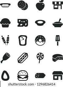 Solid Black Vector Icon Set - kiosk vector, sausage, stick of, piece cheese, fried vegetables on sticks, Hot Dog, mini, big burger, cake, glazed with a hole, bowl buckwheat porridge, plate milk