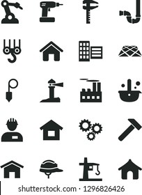 Solid Black Vector Icon Set - house vector, dwelling, workman, winch hook, cordless drill, siphon, city block, helmet, plummet, pavement, hammer, home, industrial building, tower crane, robot welder