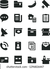 Solid Black Vector Icon Set - add bookmark vector, folder, upload, books, estimate, received letter, speech, pass card, phone call, banana, vintage sign, scientific publication, newspaper, usb