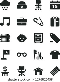 Solid Black Vector Icon Set - briefcase vector, remove label, bedside table, open pin, accessories for a hairstyle, cloud, children's hairdo, warm hat, home, calendar, T shirt, folded, weaving, note