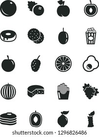 Solid Black Vector Icon Set - cheese vector, cake with a hole, fried potato slices, cup of popcorn, egg, blueberries, biscuit, pancakes, orange, peach, branch grape, quince, tasty mulberry