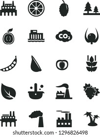 Solid Black Vector Icon Set - garlic vector, mint, branch of grape, mulberry, juicy lemon, half guawa, physalis, tomato, peas, leaf, manufacture, factory, hydroelectric station, forest, enterprise