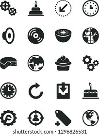Solid Black Vector Icon Set - clock face vector, clockwise, loudspeaker, add label, download archive data, birthday cake, gears, star gear, left bottom arrow, CD, cheese, muffin, kiwi, planet, earth