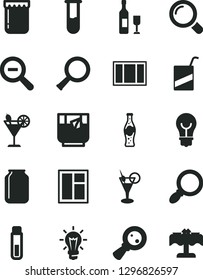 Solid Black Vector Icon Set - zoom out vector, e, window, frame, magnifier, bulb, a glass of tea, cocktail, bottle soda, jam, jar, magnifying, test tube, wine, restaurant