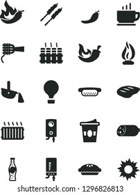 Solid Black Vector Icon Set - radiator vector, boiler, electronic, coffee, sausage, mini hot dog, noodles, pie, chop, barbecue, chili, coffe to go, bottle of soda, red pepper, steel production, sun